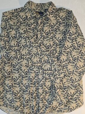 Nautica Reg Fit Blue/Tan  Floral Mens  Button Up Shirt Size Large